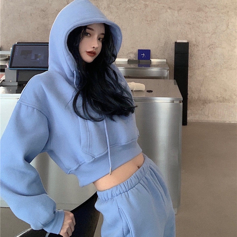 Cotton ins fashion autumn winter sports suit women's lazy style Korean version Plush Hoodie loose Leggings two-piece set