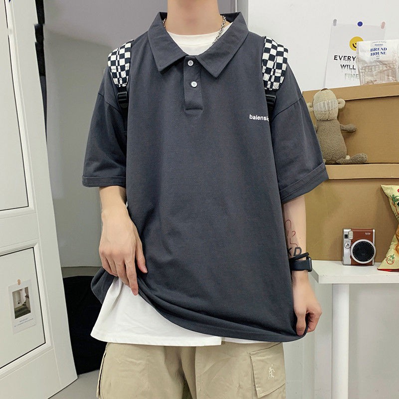 Mùa hè đơn giản chữ cái ngắn tay POLO áo sơ mi nam thủy triều thương hiệu ve áo tất cả các trận đấu T-shirt Hàn Quốc rộn