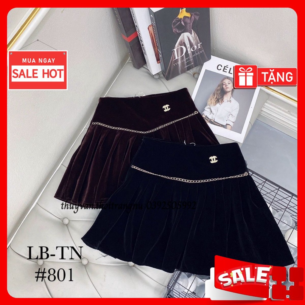 #801 Chân váy nhung xếp ly gắn xích hàng cao cấp