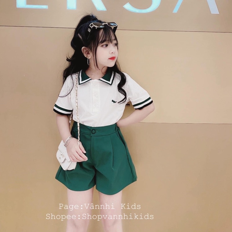 Set áo cá sấu quần kaki xanh lá cho bé