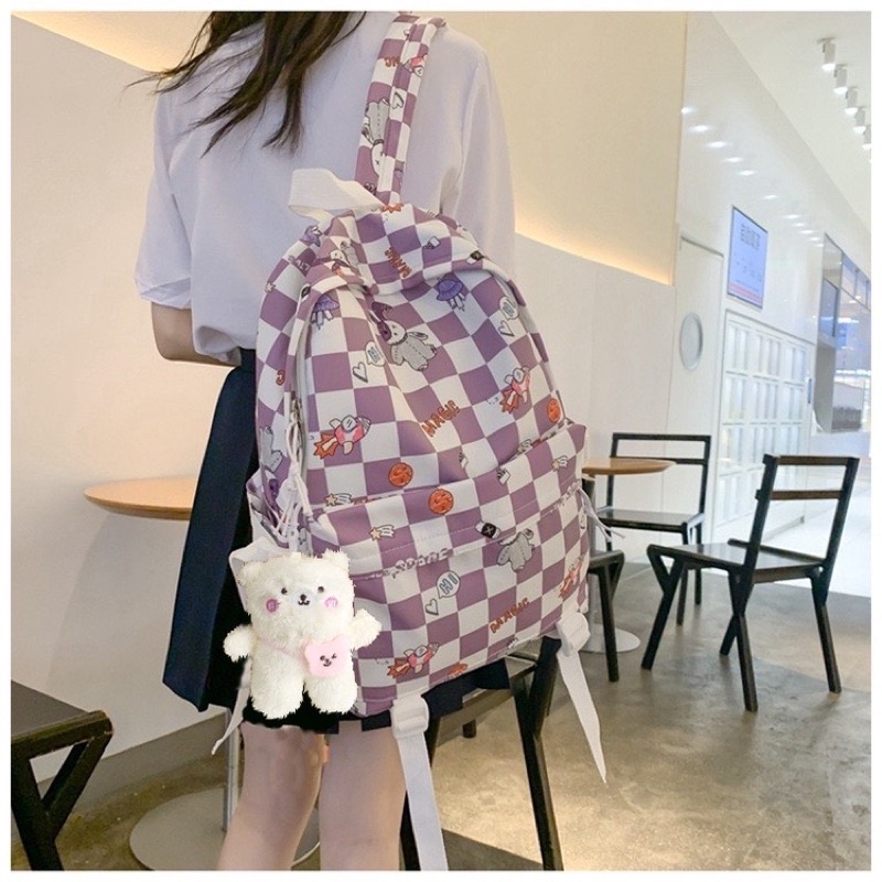 Balo Quảng Châu Hoạ Tiết Phối Caro Chất Vải Chống Thấm 2810 Shop Cặp Nữ Đi Học Thời Trang (Tặng Gấu Bông Tim Hồng)