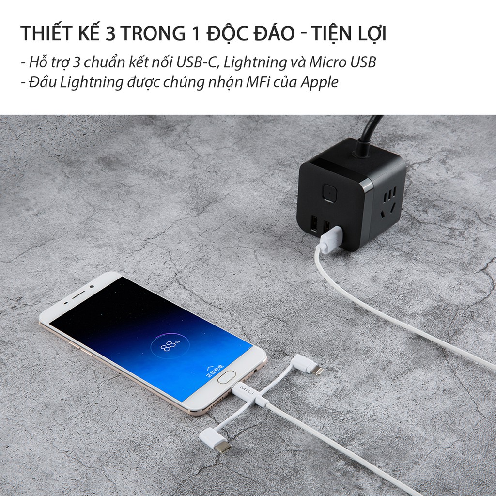 Cáp sạc 3in1 MiLi - HI-L31 Lightning to USB to type C dài 1m, chịu nhiệt, chống cháy