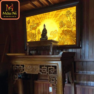 Tranh trúc chỉ in MÂU NI, kt 127cm x 81cm, Sen tỏa [Đồ thờ bằng đồng đẹp ]