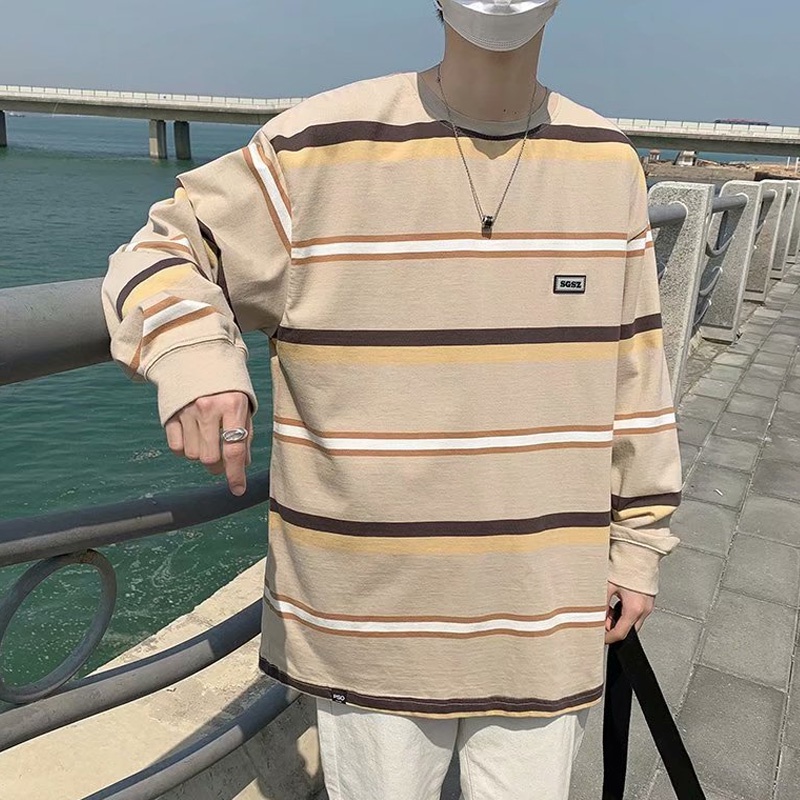 Áo thun tay dài cổ tròn dáng rộng họa tiết sọc ngang phong cách Hàn Quốc thời trang cho nam