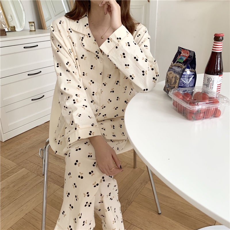 Bộ Đồ Ngủ Tay Dài Dáng Rộng In Hình Quả Cherry Dễ Thương Phong Cách Hàn Quốc Thời Trang Xuân Thu Cho Nữ | BigBuy360 - bigbuy360.vn