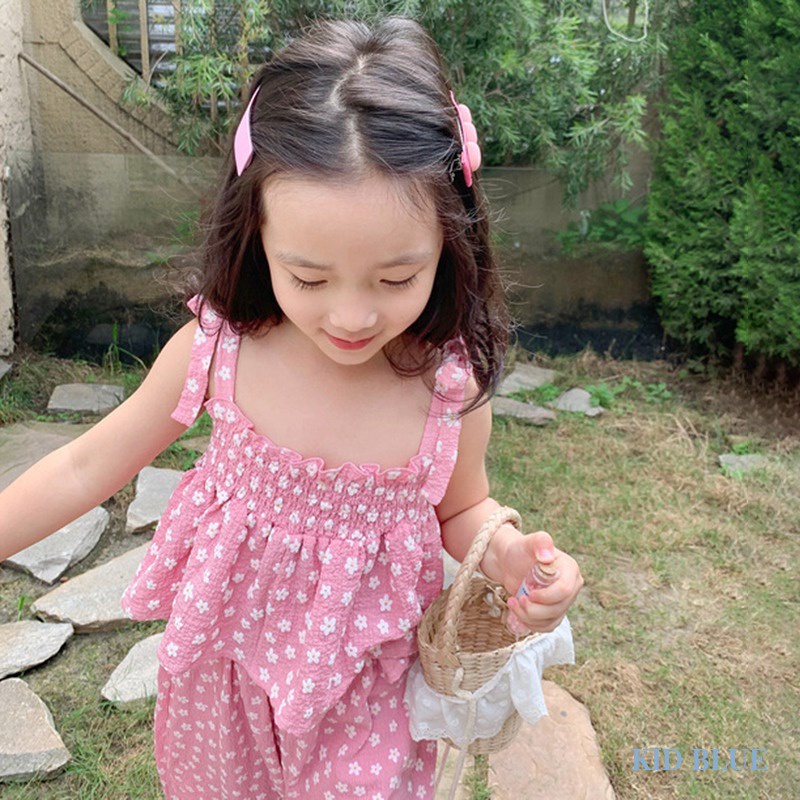 Bộ Áo Hai Dây In Hoa + Quần Dài Chống Muỗi Dễ Thương Thời Trang Mùa Hè Cho Bé Gái