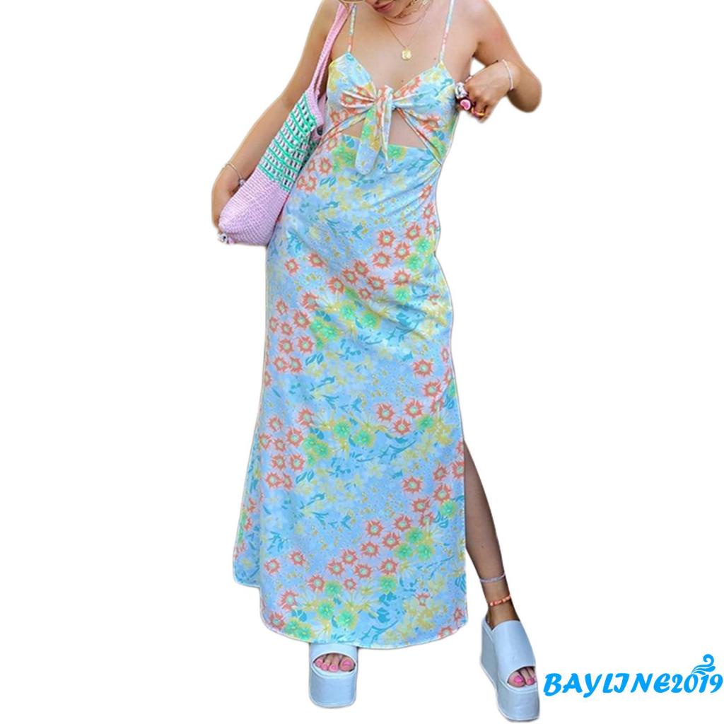 BAY Đầm không tay cổ chữ V xẻ sâu in họa tiết hoa màu xanh dương gợi cảm cho nữ S/ M/ L/ XL