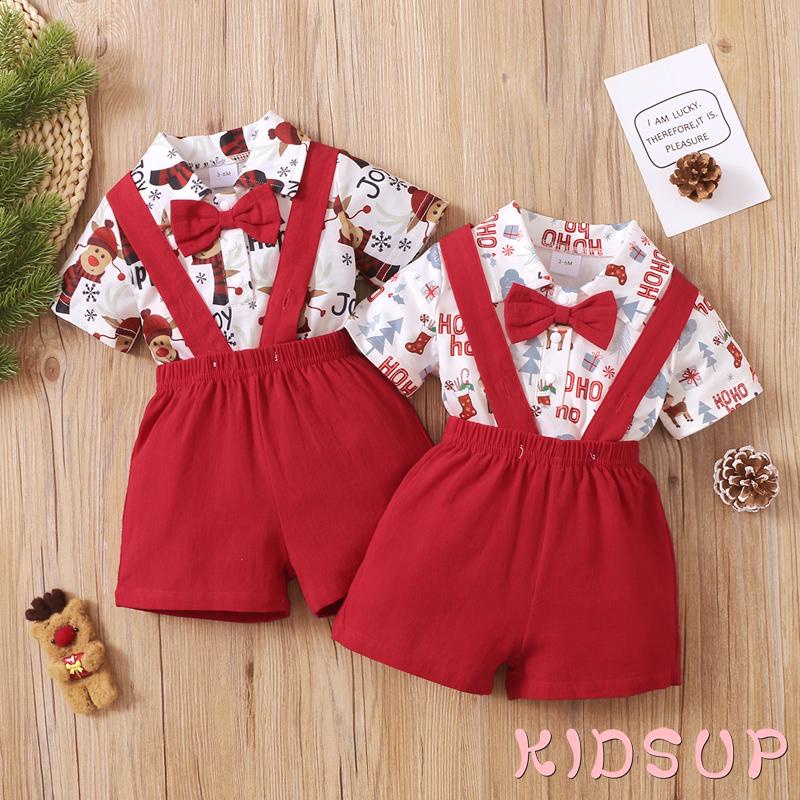 Set áo liền quần tay ngắn cổ bẻ in họa tiết kèm quần yếm short phong cách giáng sinh thời trang cho bé trai