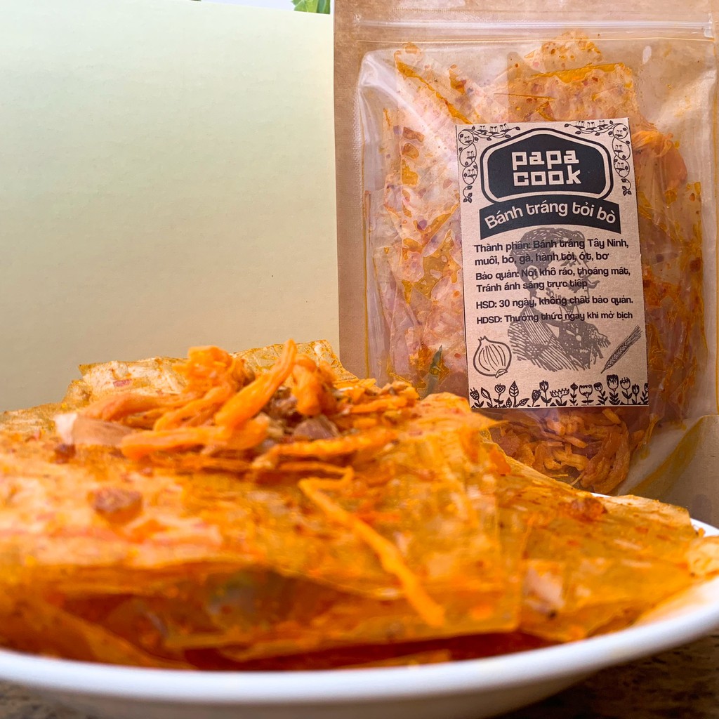 Bánh tráng tỏi bò cay mix gà Papacook đồ ăn vặt Sài Gòn bánh tráng Tây Ninh túi zip sạch sẽ - 70g | BigBuy360 - bigbuy360.vn