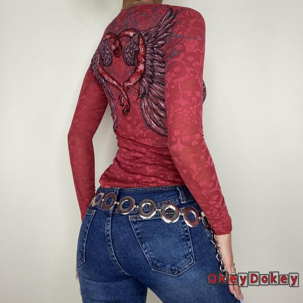 OKDK-Women Sexy Crop Tops Slim-fit Wing Print Long Sleeve V-neck T-shirt