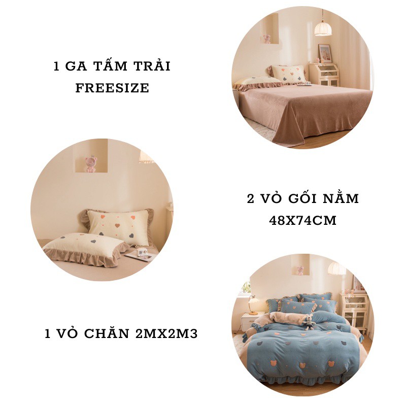 [LOẠI 1] Bộ Chăn Ga Gối tim 4 Món Nỉ Nhung mịn tuyết sữa Thêu Viền Bèo xinh xắn dầy dặn, siêu ấm Giá rẻ