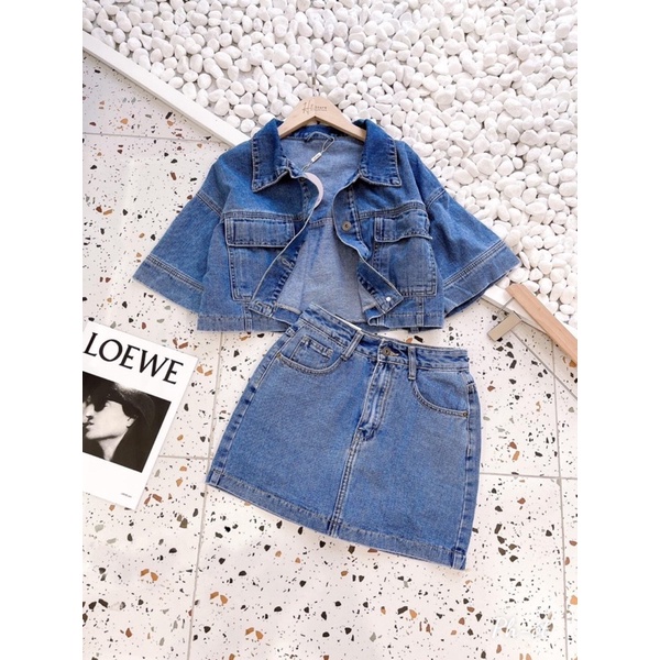 Set áo crotop jean + chân váy