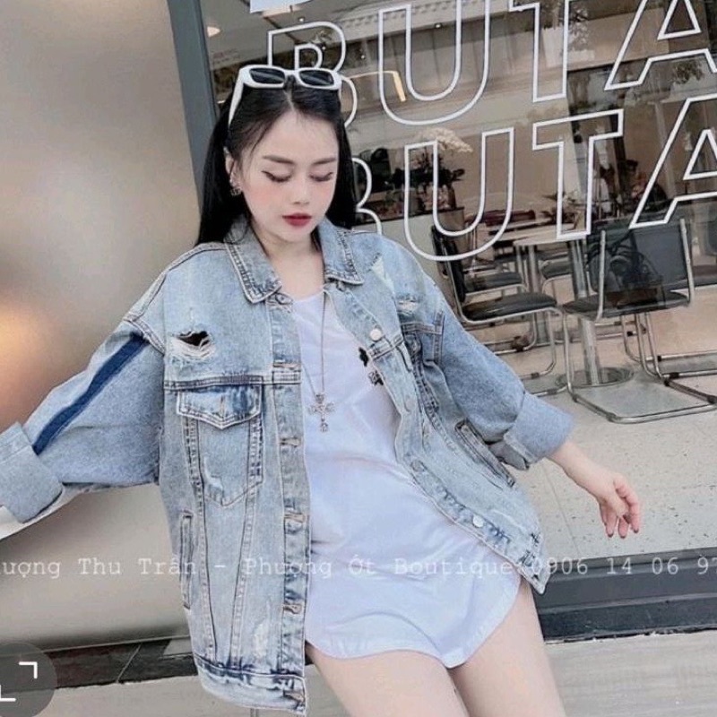Áo Khoác Bò Jeans Trơn Rách Dáng Rộng Cá Tính