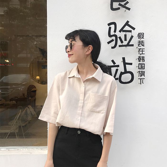 Áo Sơ Mi Tay Lửng Dáng Rộng Có Túi Đơn Giản Thời Trang Hàn Quốc Dễ Phối Đồ Cho Nữ