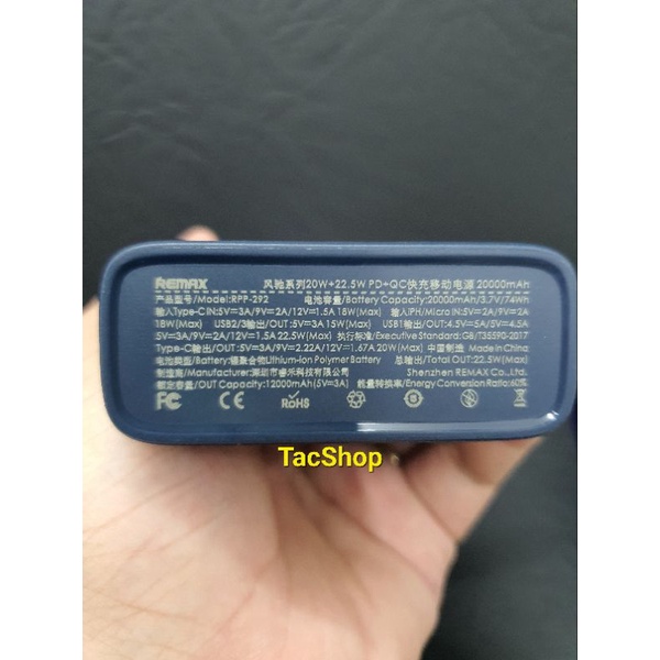 Pin sạc dự phòng Remax RPP-292 dung lượng 20000mAh hỗ trợ sạc nhanh 22.5W - BH 12 tháng