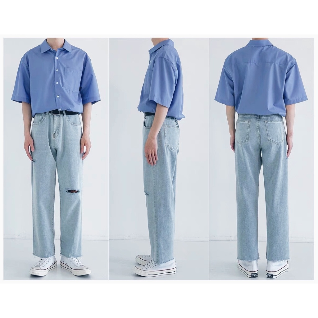 Quần Baggy Jean rách xanh nhạt ống suông