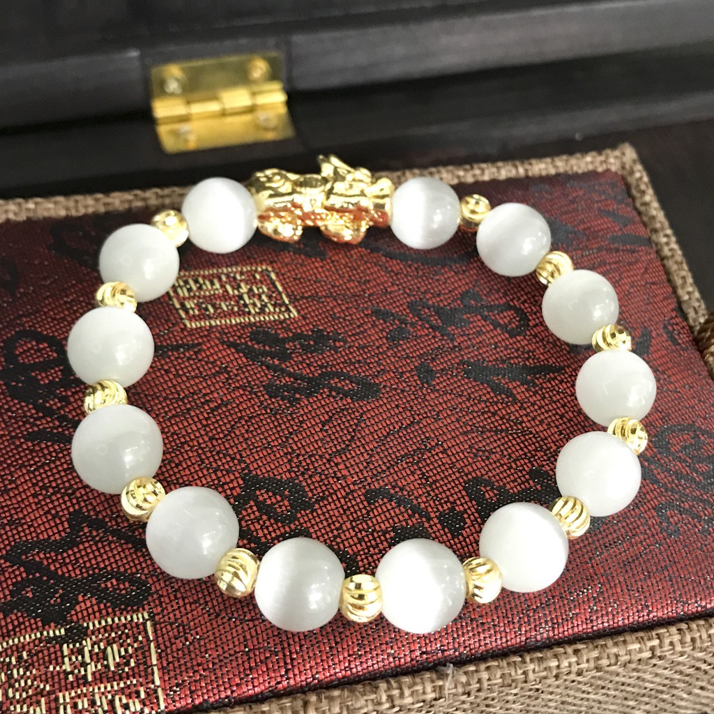 V245-10 Vòng phong thủy mắt mèo trắng 10 ly mix tỳ hưu - Mệnh Kim - Thủy V245-10