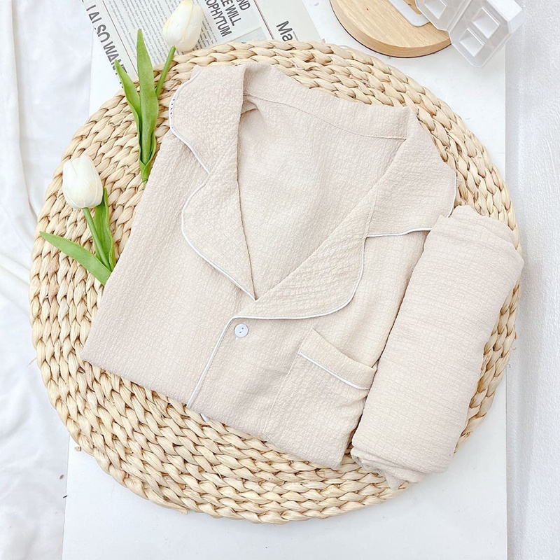[Ảnh thật/video] Bộ Pyjama Nữ Chất Đũi Xốp Màu Xinh Xỉu, Bộ Mặc Nhà Nữ Cổ 2 Ve
