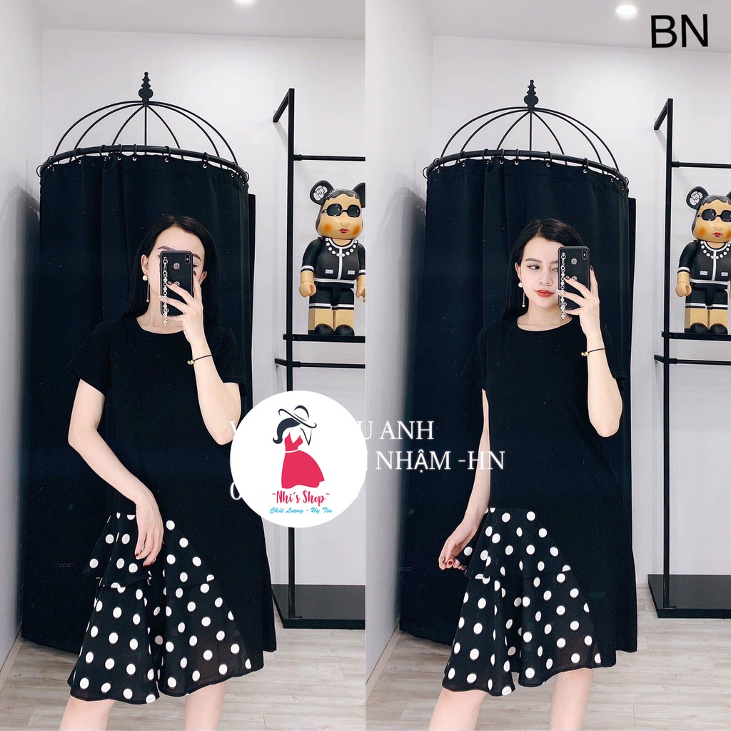 Đầm phối lụa chấm bi chân váy (2 màu)