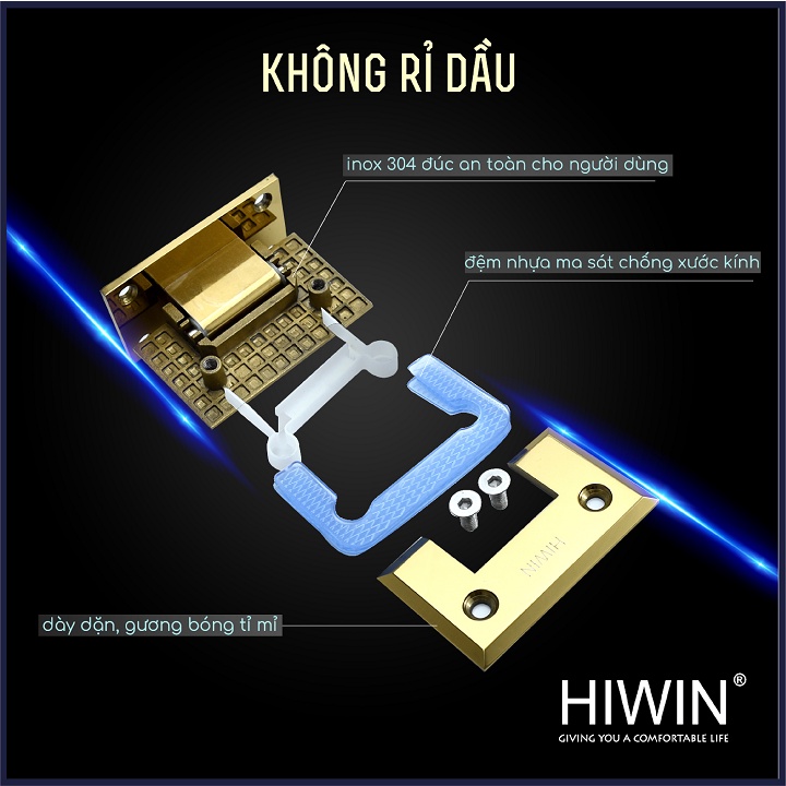 Bản lề phòng tắm kính 90 độ kính tường đế cân cạnh vát inox 304 mạ vàng HIWIN HG-005G