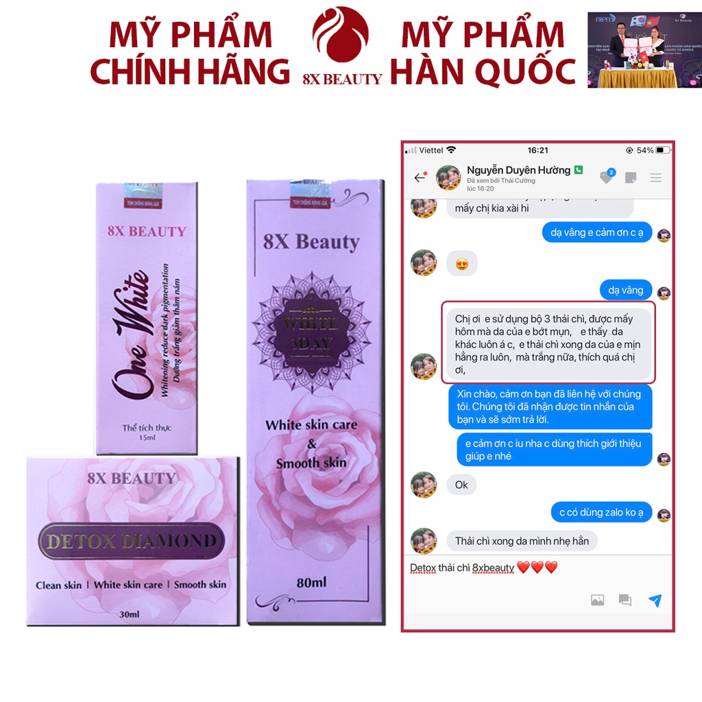 Bộ Kem Dưỡng Da Detox Diamond 8x Beauty thải chì hút Nám 30ml, White 3 Day 80ml,One White 15ml.