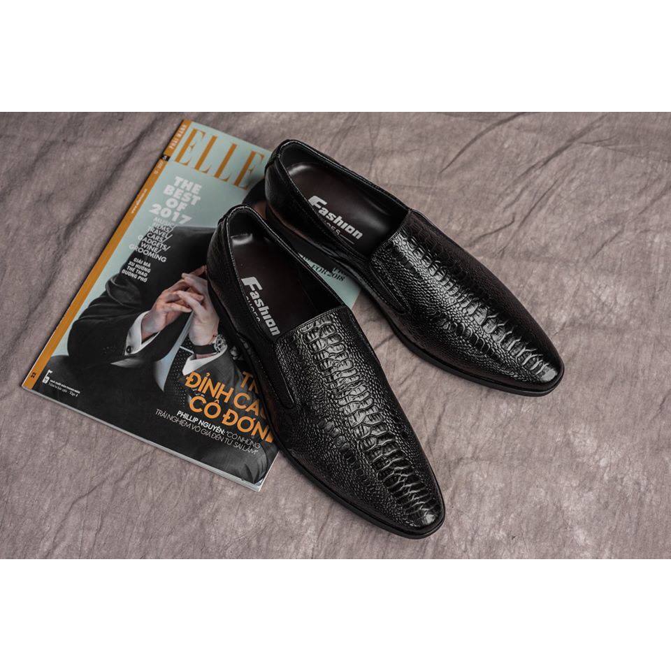 Giày lười da bò, giày tăng chiều cao 7 cm dập vân