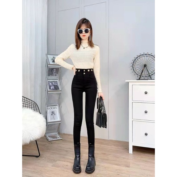 Quần skinny cạp cao gắn tag hoa xinh