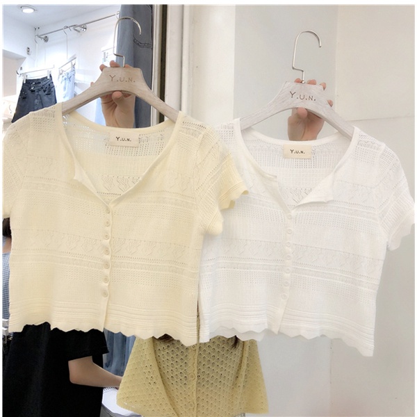 SUXI Áo dệt kim ngắn tay cổ chữ v thiết kế mới thời trang mùa hè dành cho nữ