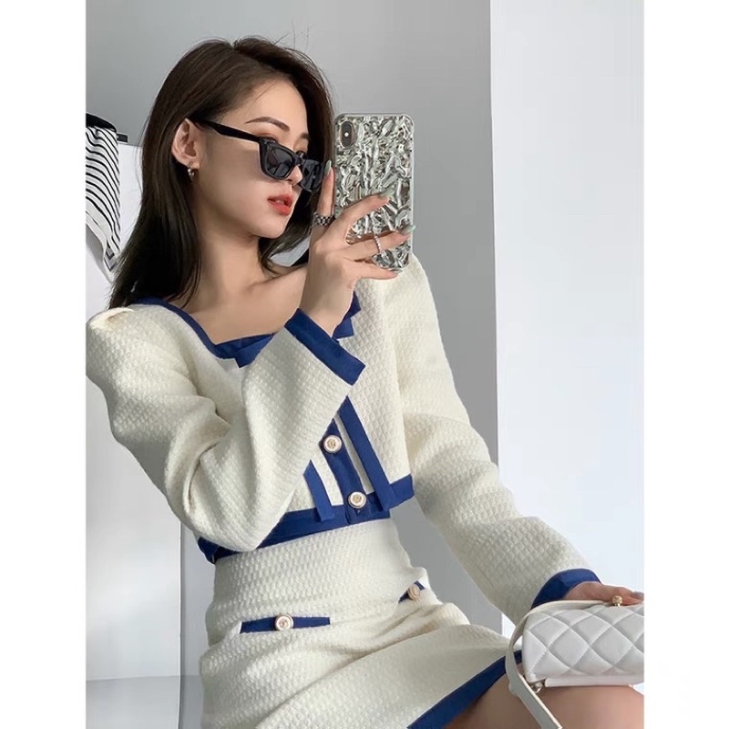 Set áo dạ tweed viền nhung kèm chân váy kiểu hàn cao cấp thời trang nữ 2021 phong cách