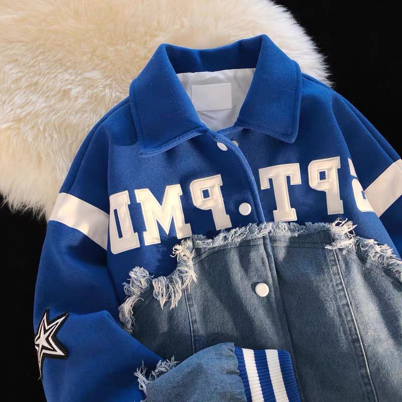 Áo Varcity Vải dạ tay da 2 lớp họa tiết thêu phối jean