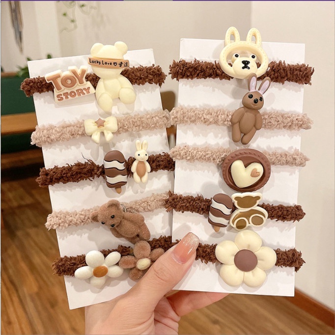 Set 5 dây chun nịt tóc sợi bông mix mẫu đính charm to siêu xinh BAG U CHUNMIX573