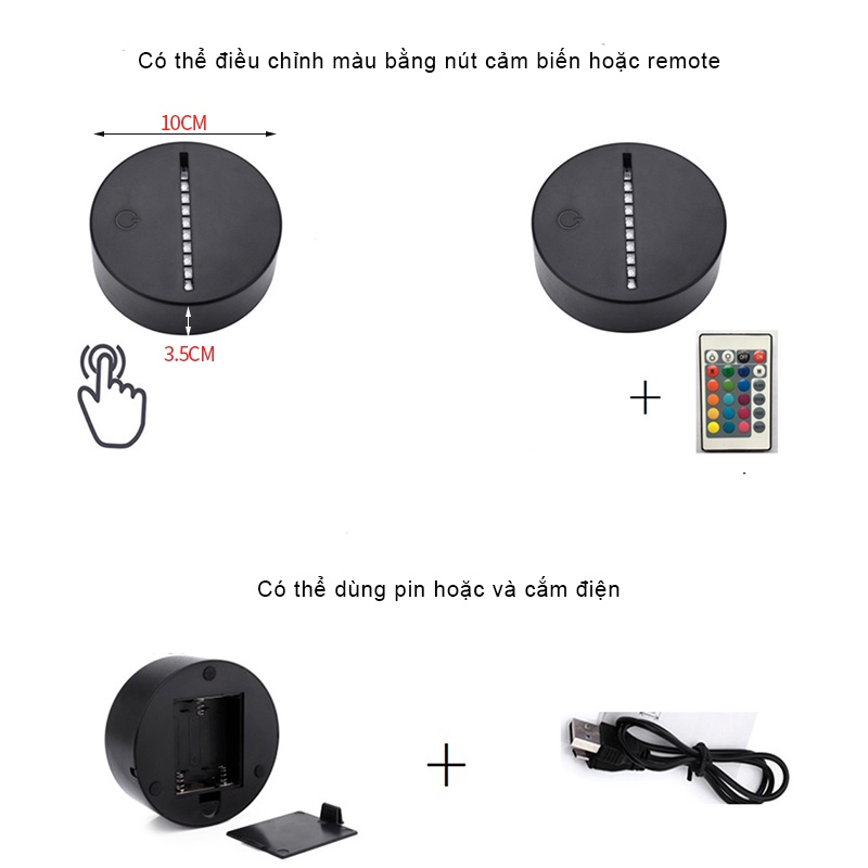 Combo 10 Bộ Đế Đèn Led 3D (3 màu và 16 màu) - Đế Đèn Mica Trang Trí Phòng Ngủ
