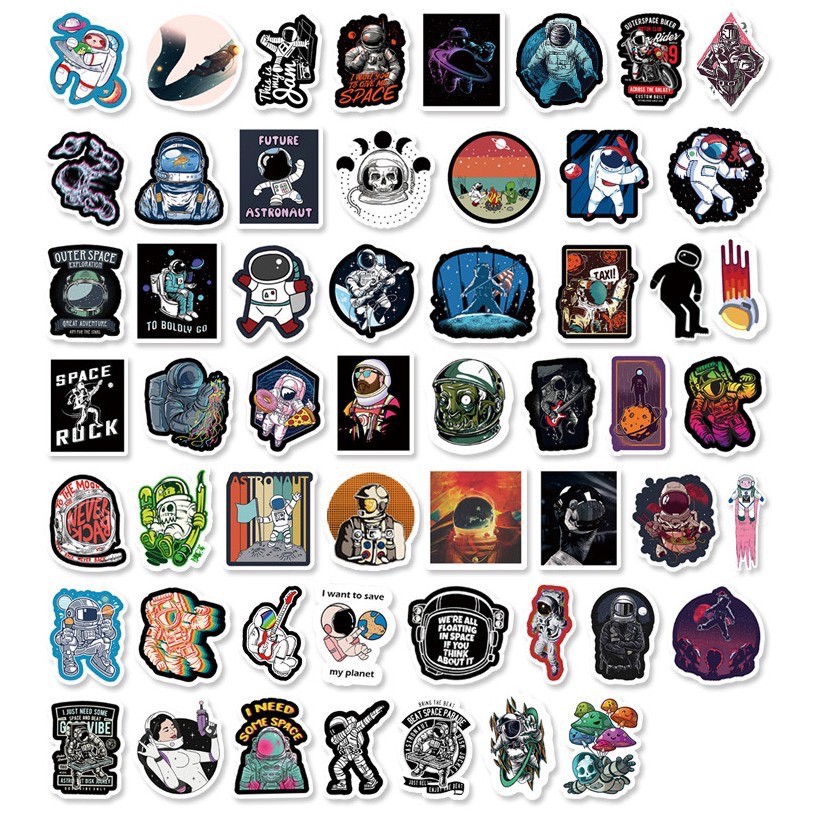 [Set 50 Cái] Miếng Dán Sticker cute trang trí laptop, mũ nón bảo hiểm, vali, xe ga, ván trượt - Phi Hành Gia M039