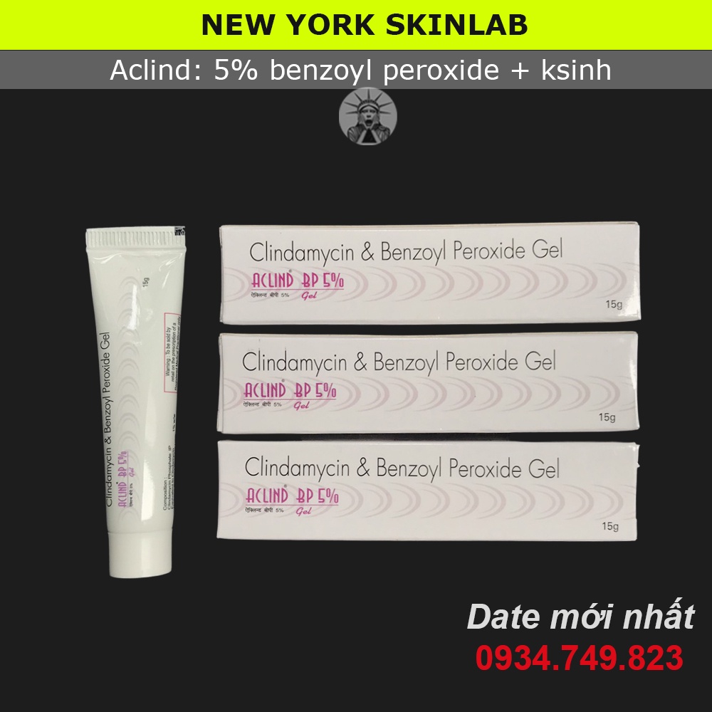 Chấm mụn Aclind BP 5% gel  5% benzoyl peroxide + clin.da.my.ci, giảm mụn, loại bỏ mụn sưng viêm nhanh