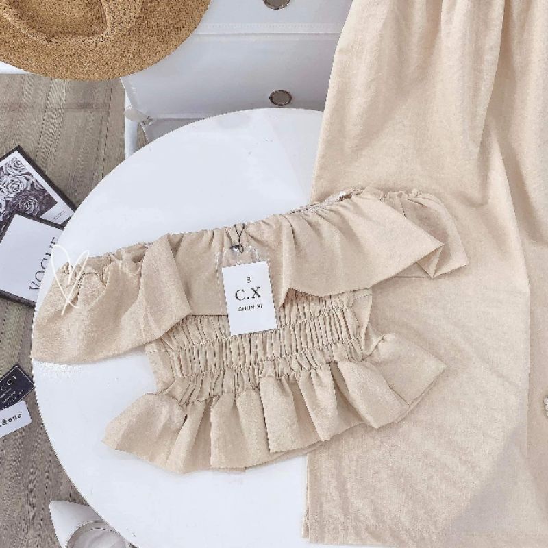 Set áo váy trễ vai tiểu thư 2 màu BCi