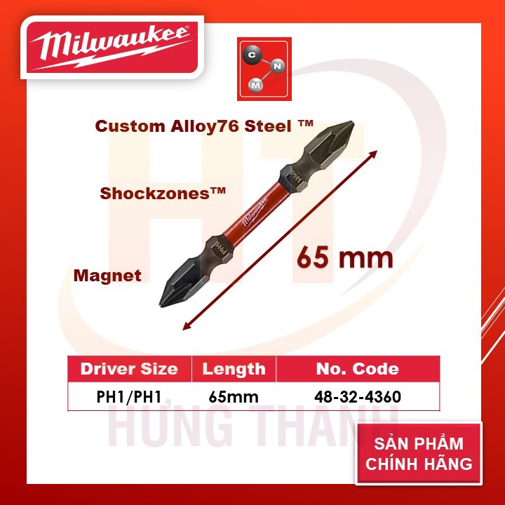 Mũi vặn vít 2 đầu PH1-65mm Milwaukee 48-32-4360