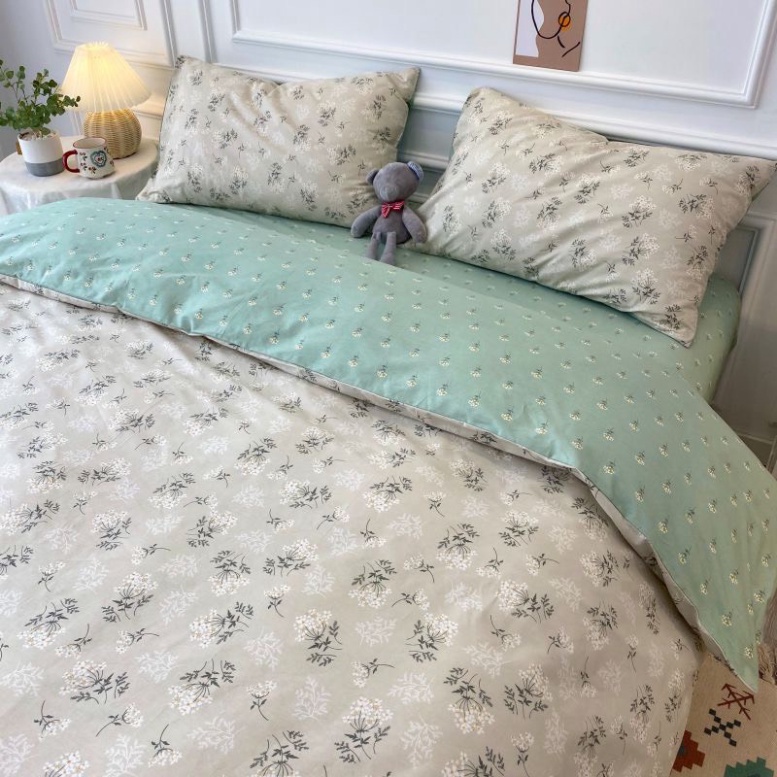 Bộ chăn ga gối Hoa nhí cotton poly- Mẫu lá ngọc. Drap Giường Đủ Kích Thước Trải Nệm 1m, 1m2, 1m4, 1m6, 1m8, 2m2