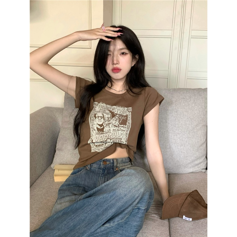 Áo Thun Tay Ngắn Cổ Tròn In Họa Tiết Phong Cách Vintage Mỹ Thời Trang Cho Nữ