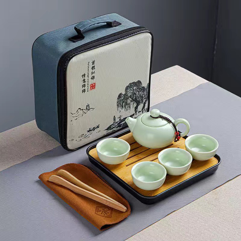 Bộ ấm chén pha trà du lịch bằng sứ cao cấp bộ tách pha trà tử sa có túi xách kèm khay trà và gắp chén tre khăn lau