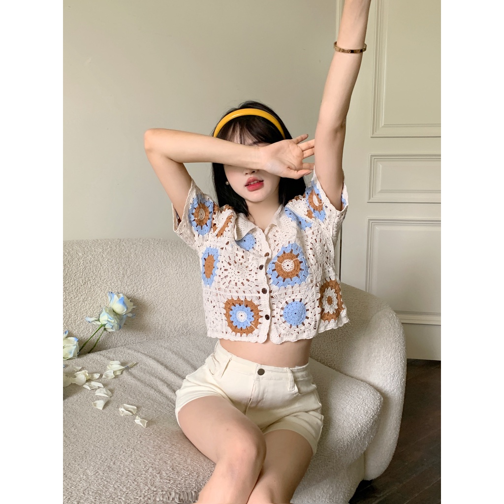 LALISAS Áo Dệt Kim Ngắn Tay Phối Lỗ Thời Trang Hàn Quốc Dễ Phối Đồ