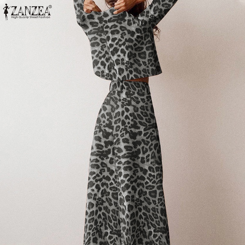 Bộ đồ ZANZEA in họa tiết da báo gồm áo croptop dài tay và quần dài ống rộng