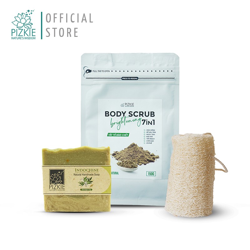 Combo Làm Sạch Da Xà phòng Thiên Nhiên Green Tea + Tẩy Da Chết Body Scurb 7in1 + Bông Tắm Xơ Mướp