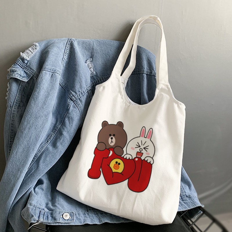 Túi vải nữ canvas Quai Tròn In Hình Cặp Đôi Gấu Brown và Thỏ Cony Dễ Thương 1