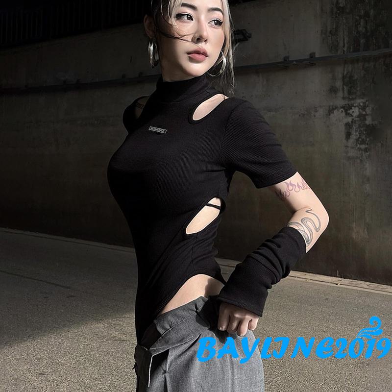 BAY-Women Casual Romper Tops, Short Sleeve Hollow-Out Slim-Fit Patchwork Bodysuit with Sleeves | BigBuy360 - bigbuy360.vn
