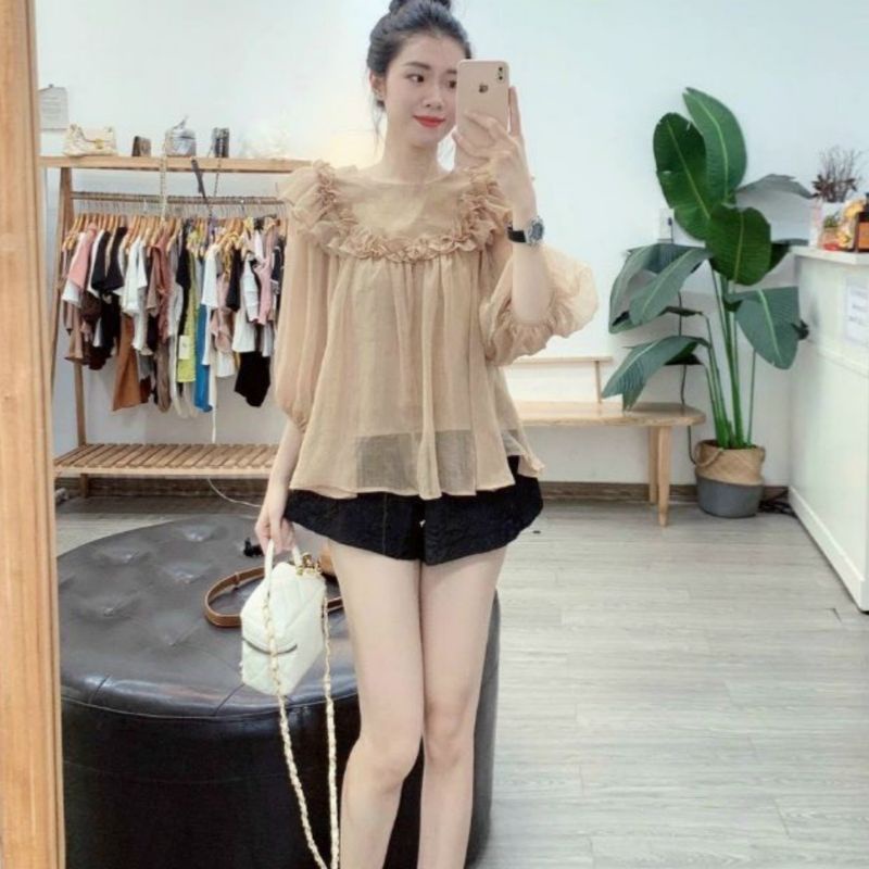 Áo Voan 2 lớp tay phồng xếp bèo phom rộng - bầu bì bọn Chen được ạ