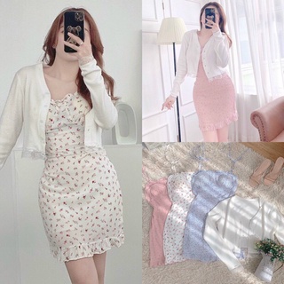 Set đầm body hoa 2 dây cột nơ + áo khoác tay dài
