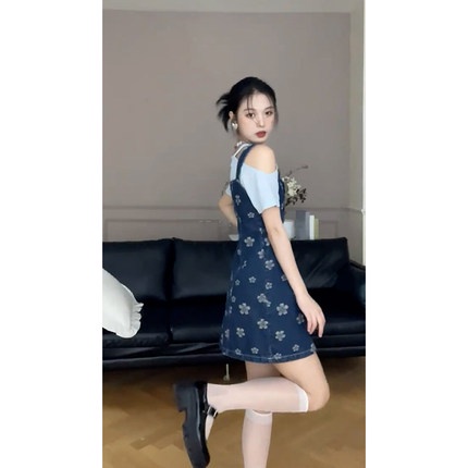 Set Đầm Denim Hai Dây Màu Sắc Trơn Phong Cách Nhật Bản Thời Trang Mùa Hè