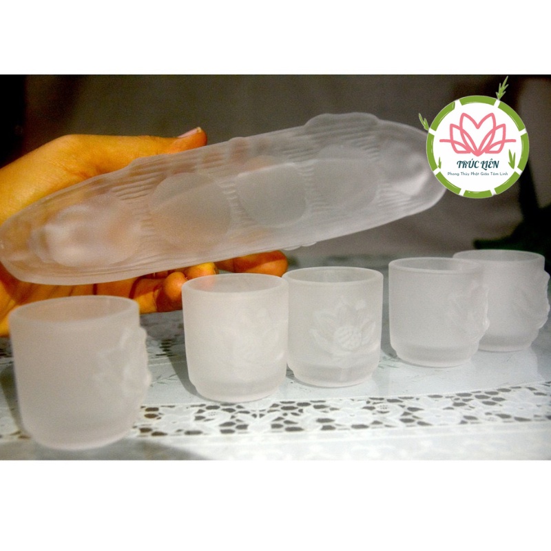 BỘ ÁN 5 LY NƯỚC THỜ CÚNG ĐÁ LƯU LY NHIỀU MÀU