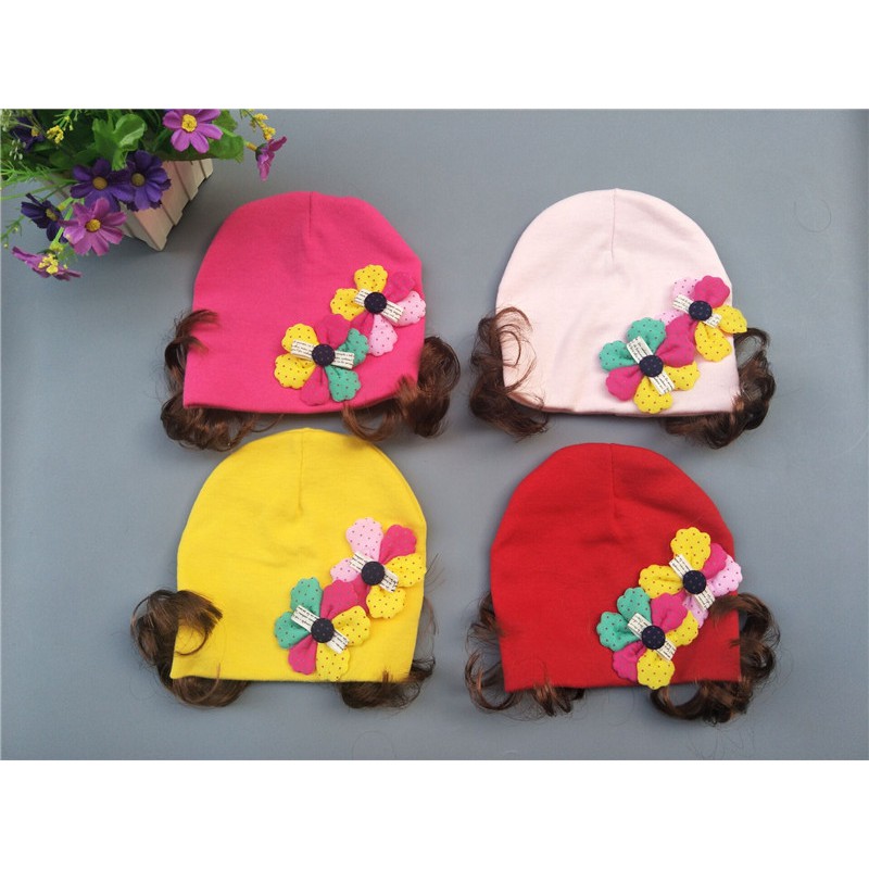 Mũ Cotton Tóc Giả hai hoa chéo xinh xắn Cho Bé Gái(5 tháng-4 tuổi)
