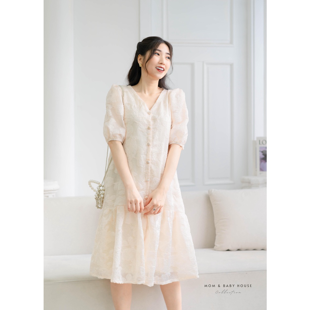 EVERMOM | Đầm bầu thiết kế đuôi cá tay phồng tiểu thư gài cúc - Lily Dress